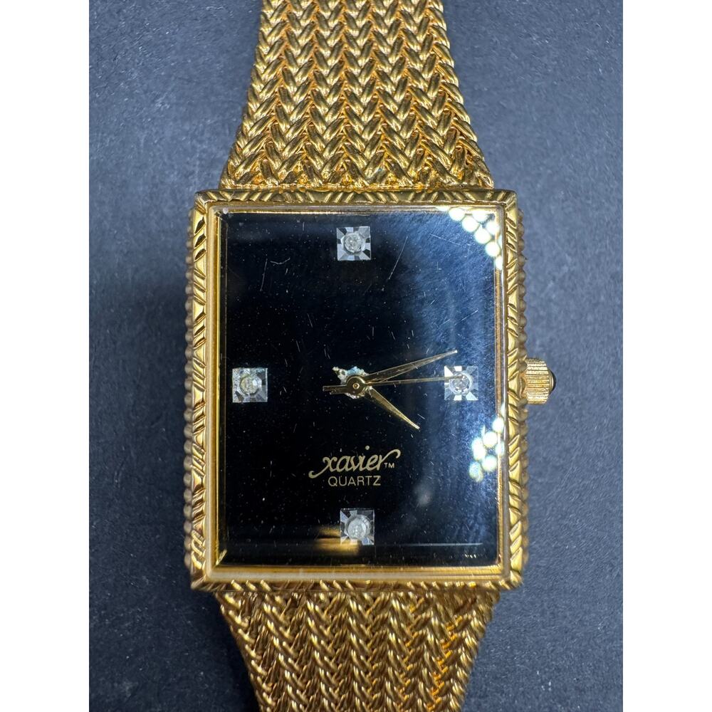 Vintage Xavier Quartz Men's Tank Watch Diamond Markers Swiss Black Dial 25MM